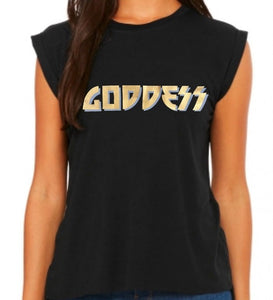 gpddess tee shirt.black light weight tee shirt with gold goddess ouylined with pale grey